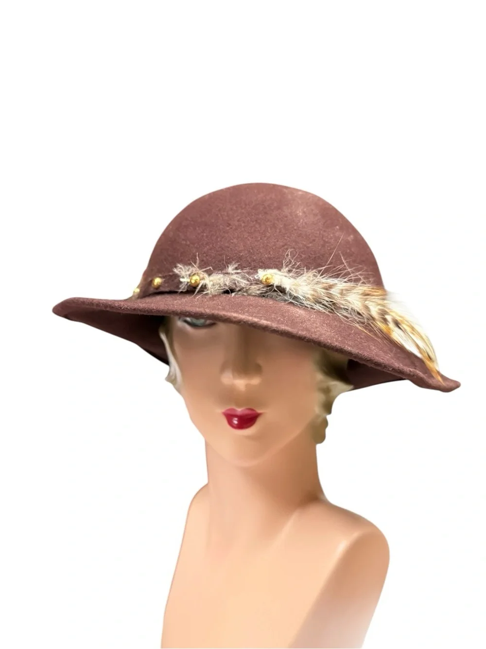Vintage Smart Alex Brown Wool Wide Brim Hat with Feather Trim